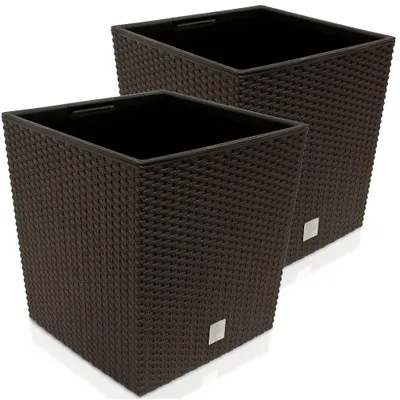 Produktbild von DEUBA 2X Blumentopf 65L 40x40x41cm Rato Low Innentopf Mit Griffen Wetterfest Rattanoptik Pflanzkasten Übertopf Pflanzkübel Blumenkasten Quadratisch Umbra