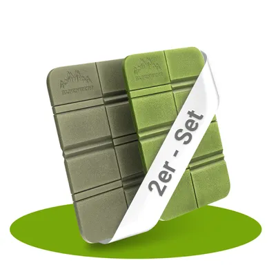 Two foldable seat cushions are shown, one green and one gray, with a white band across the green one that has text on it. The cushions are resting on a green oval shape against a white background.