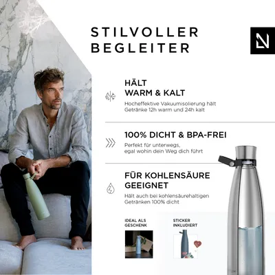 Obrázek produktu pro LARS NYSØM Láhev na pití z nerezové oceli | Izolovaná láhev bez BPA | Nepropustná láhev na vodu pro sport, kolo, psa, dítě, děti 1000ml Stainless Steel