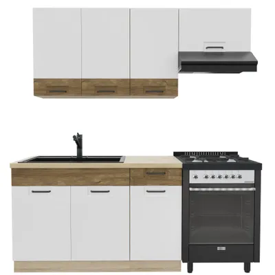 Obrázek produktu pro Kuchynská linka 180 cm – FAVORIT D – bez pracovní desky – bílá lesklá – dub Sonoma – kuchyn pro jednoho bez spotrebicu – kovové zásuvky