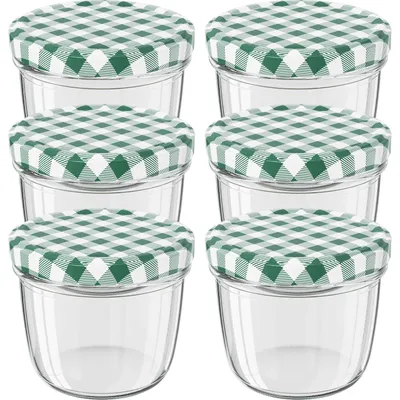 Produktbild von WELLGRO Einmachgläser grün kariert mit Schraubdeckel - 230 ml, 8,5 x 6,5 cm (ØxH), Glas / Metall, grün karierte Deckel To 82, Gläser Germany, verschiedene Mengen wählbar, Stückzahl:6 Stück