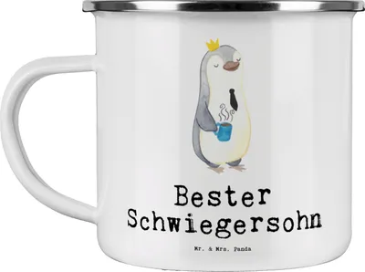 Produktbild von Mr. & Mrs. Panda Pott Pinguin Bester Schwiegersohn - Weiß - Geschenk, Kaffeepott, Frau, Hochzeit, Heirat, becher emaille, Tochter, Geschenkidee, Tasse, Dankeschön