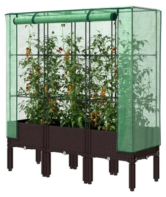 Produktbild von Hochbeet mit Gewächshausaufsatz in Rattan-Optik 120x40x140 cm, Palettenrahmen, Hochteich, Gemüsebeet, Kräuterregal für Balkon, Blumenbeet, Kräuterspirale, Tomatenbeet, Pflanzhochbeet