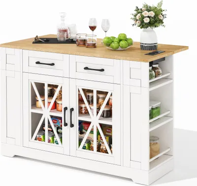 Zdjęcie produktu dla Przenośna wyspa kuchenna Sweiko 120 cm ze składanym stołem jadalnianym, otwartą półką, złączem AC, złączem USB, szklanymi drzwiami, regulowanym laminatem, kółkami z hamulcami do kuchni, jadalni, salonu i nie tylko.