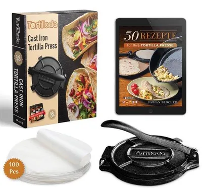 Produktbild von Eisen Tortillapress 20cm mit Rezepten und Backpapier