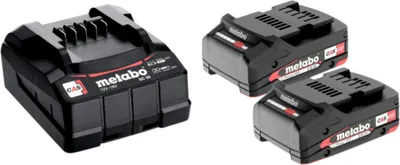A product shot of Metabo batteries and a charger against a white background.
