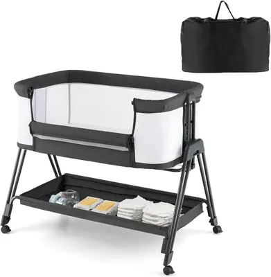 Produktbild von Beistellbett für Babys, 7-fach höhenverstellbares Reisebett mit Matratze und Rollen, klappbares Babybett mit verstellbarem Neigungswinkel für Babys von 0–6 Monaten bis 9 kg, dunkelgrau