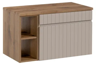 Produktbild von Badezimmer-Set ICON: Waschtischunterschrank 60cm in Kaschmir mit sichtbaren Nischen + Waschtischplatte in Holzoptik