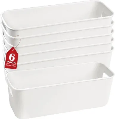 Immagine prodotto di Scatole portaoggetti in plastica, 6 pezzi, con manici, per bagno e cucina, 25 x 9,5 x 9,5 cm, bianco