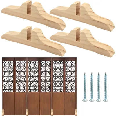 A set of wooden feet for a room divider, a room divider, and screws are displayed against a white background.