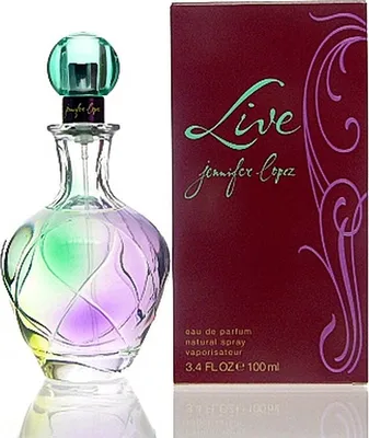 A bottle of Jennifer Lopez Live Eau de Parfum and its packaging are displayed against a white background.