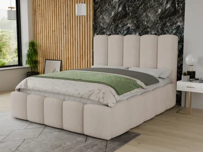 Produktbild von Polsterbett Aura - Bettkasten mit Gasdruckfedern - Doppelbett mit Lattenrost, Bett mit Polsterkopfteil, Bettgestell, Schlafzimmer, Bouclé-Stoff (140 x 200 cm, Beige (Coral 65))