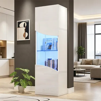 Produktbild von Merax Vitrine Hochschrank hochglänzend mit LED und 4 Ebenen Stauraum, schmaler Vitrinenschrank mit Glastüren und konkave Wellenoptik, Schwarz