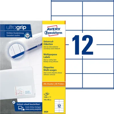 Image de Avery Zweckform 3424 Étiquettes universelles, 105 x 48 mm, Convient pour Deutsche Post INTERNETMARKE, 100 feuilles/1 200 étiquettes, blanc