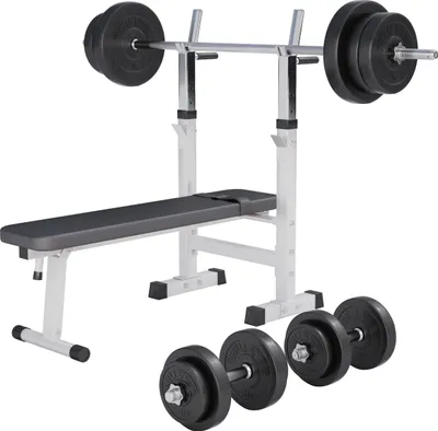 Produktbild von GORILLA SPORTS® Hantelbank - inkl. Hantelset 70g, Ablage, Dip-Station, Höhenverstellbar, Klappbar, bis 200kg, Weiß - Trainingsbank mit Langhantelset