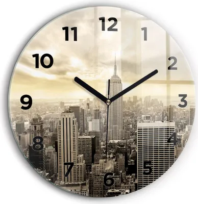 Produktbild von Wallfluent Große Wanduhr – Stilles Quarzuhrwerk - Uhr Dekoration Wohnzimmer Schlafzimmer Küche - Zifferblatt - schwarze Zeiger - 60 cm - Wolkenkratzer in New York