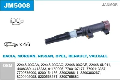 Produktbild von JANMOR JM5008 Zündspule für RENAULT Clio III Schrägheck (BR0/1, CR0/1) TWINGO II (CN0) CLIO II (BB0/1/2, CB0/1/2) für DACIA DUSTER für OPEL
