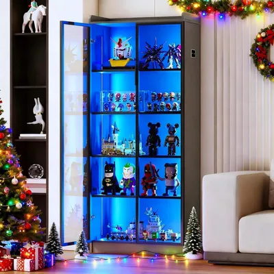 Immagine prodotto di Vetrina con illuminazione a LED e sensori, 5 ripiani regolabili in altezza, porta in acrilico, colore grigio, dimensioni 70x165x35 cm