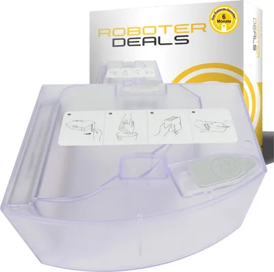 A clear product shot of a robot vacuum cleaner dustbin and water tank, with packaging in the background.