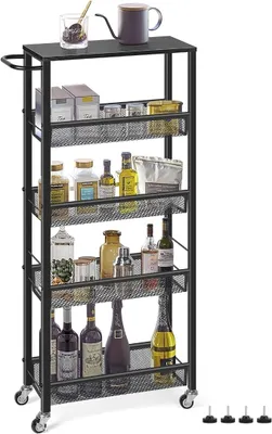 Imagen del producto de Carrito de cocina con 5 niveles, carro auxiliar, carro de servicio, estantería con ruedas y superficie de trabajo de madera, estantería para la cocina y el baño, ideal para espacios pequeños, cocina, baño, oficina, color negro