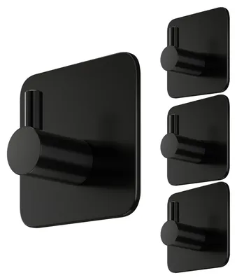 Produktbild von Bohrfreies Handtuchhalter-Set, 4 Stück in Schwarz – Wasserdichte Handtuchhalter für Bad und Küche, Edelstahlhaken, selbstklebende Haken für Bad und Küche – Extra starke selbstklebende Handtuchhaken