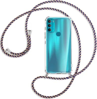 Produktbild von Handykette Backcover-Schutzhülle mit Band (Metall silberfarben) für Motorola Moto G71 5G - blau+beige