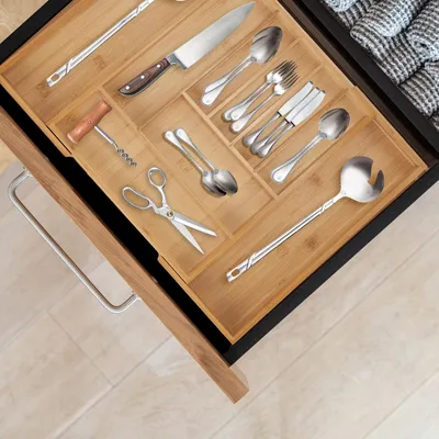 Produktbild von Relaxdays Besteckkasten, 7–9 Fächer, ausziehbarer Besteck Schubladeneinsatz, HxBxT: 5 x 29,5-47,5 x 38 cm, Bambus, natur