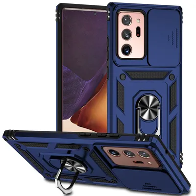 Immagine prodotto di Custodia per Samsung Galaxy Note 20 Ultra 5G a doppio strato con copertura scorrevole della fotocamera e supporto ad anello blu