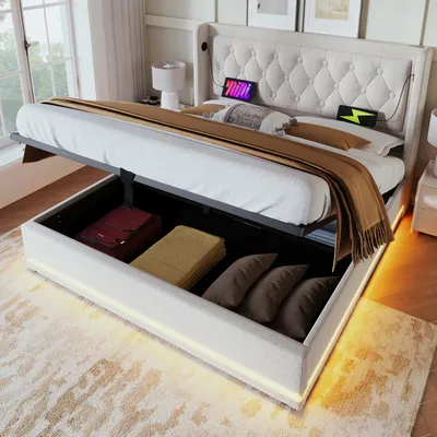 Produktbild von Polsterbett Doppelbett 180*200 cm,Beige Baumwolle-Material Hydraulisches Stauraumbett, gepolstertes Kopfteil (Ohne Matratze)
