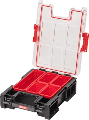 An open organizer box with multiple compartments.