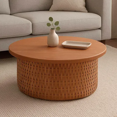 Produktbild von Couchtisch MCW-P15, Beistelltisch Sofatisch Wohnzimmertisch Mahagoniholz Rattan rund Ø75cm