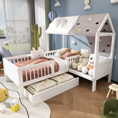 Immagine prodotto di okwish 90*200 cm Letto per bambini a forma di casa con lenzuola e cassetti, letto multifunzionale bianco senza materasso