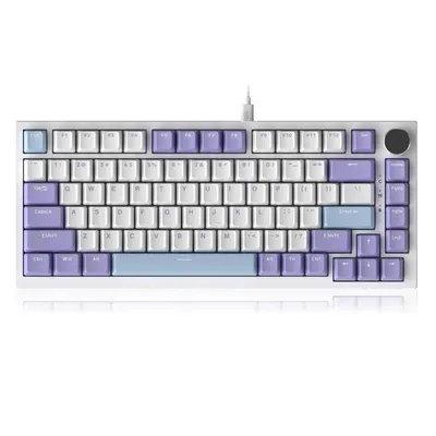 A white mechanical keyboard with purple and light blue keycaps, shown from a front-facing, slightly elevated angle on a white background.