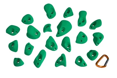 Grüne Klettergriffe 'Climb It' von Entre Prises; geeignet für Kletterwände; verschiedene Formen und Größen; inklusive Karabiner.