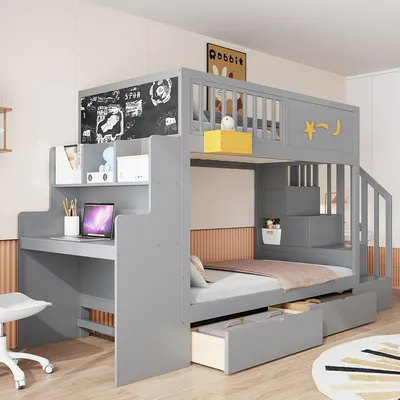 Produktbild von Flieks Etagenbett 90x200cm mit 2 Schubladen, Kinderbett mit Schreibtisch und Tafel, Hochbett mit Stauraumtreppe, Stockbett Holzbett, Grau