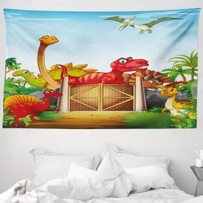 Produktbild von ABAKUHAUS Dino Wandteppich, Cartoon-Dinosaurier in Park aus Weiches Mikrofaser Stoff Waschbar ohne Verblassen Digitaldruck, 230 x 140 cm, Mehrfarbig