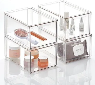 Imagen del producto de Organizador de cosméticos Unyqoos® – Juego de 4 cajas de almacenamiento apilables con cajones, de plástico transparente, de 20,3 x 30,5 x 15,2 cm, para baño, oficina y habitación infantil