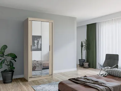 Produktbild von Krudox MINI Kleiderschrank Schiebetür Sonoma 90x200x61 cm mit Spiegel Kleiderstange Schlafzimmer Mehrzweckschrank