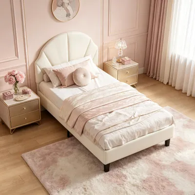 Productafbeelding van INONEFT Kinderbed, gestoffeerd bed 90x190 cm, eenpersoonsbed met verstelbaar hoofdeinde en lattenbodem, kinderbed voor meisjes en tieners, fluweel, beige