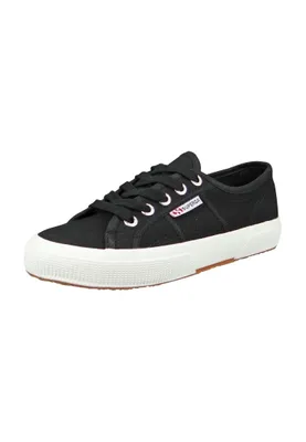 A black Superga sneaker with a white sole is shown against a white background.