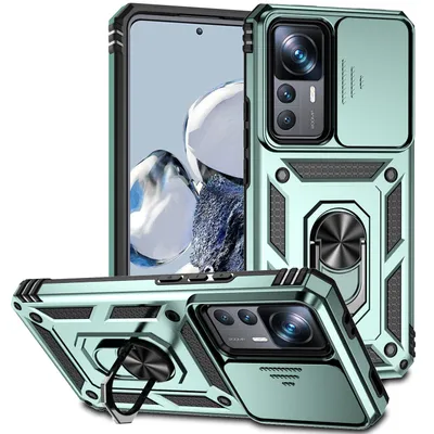 Immagine prodotto di Custodia per Xiaomi 12T / 12T Pro / Redmi K50 Ultra a doppio strato con copertura scorrevole della fotocamera e supporto ad anello verde