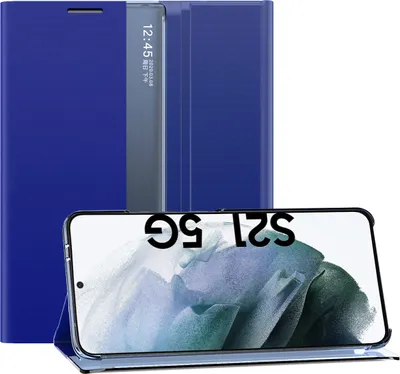 A blue flip case for a Samsung Galaxy S21 5G phone is shown.
