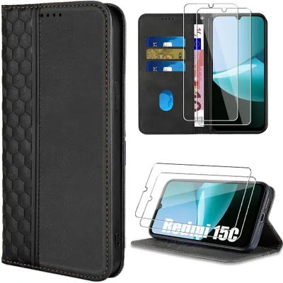 Image de Coque + 2 Verres Trempés pour Xiaomi Redmi 15C - Protection Cuir Synthétique Motif Mosaïque - Noir
