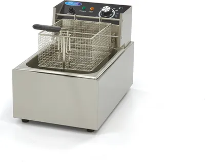 A stainless steel deep fryer with a basket, shown from a three-quarter angle on a white background.