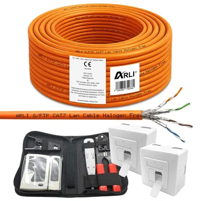 Produktbild von ARLI 100 m Cat7 Verlegekabel + 2 Netzwerkdosen + Werkzeugset mit Crimpzange LSA Netzwerktester Messer Netzwerk Set