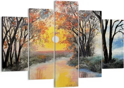 Produktbild von Bild auf Leinwand - Leinwandbild - 5 Teile - Fluss Sonne Bäume - 150x100cm - Wand Bild - Wanddeko - Wandbilder - Leinwanddruck - Bilder - Wanddekoration - Leinwand bilder - Wandbild - EA150x100-4190