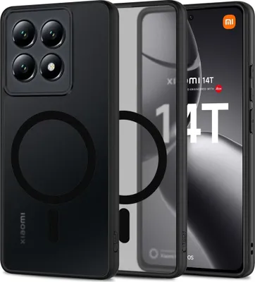 Three phone cases are displayed, with the front case showing a camera module and a circular magnetic ring. The middle and back cases show a smartphone with the text 'XIAOMI 14T' and the Xiaomi logo.