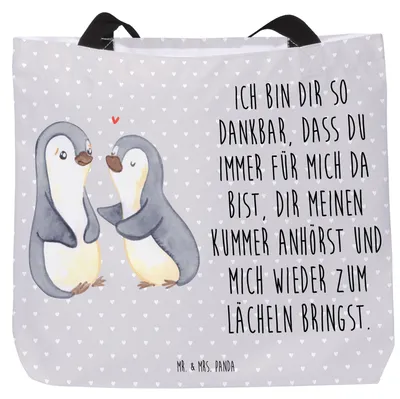 Produktbild von Mr. & Mrs. Panda Schultasche Pinguine trösten - Grau Pastell - Geschenk, Hochzeitstag, Tasche, für Frauen, Tragetasche, Mitbringsel, Partner, Freundin, Reisetasche
