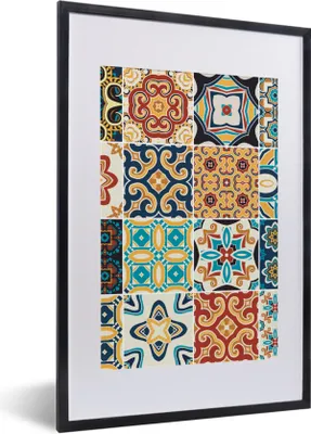Produktbild von MuchoWow® Gerahmtes Poster Blumen - Vintage - Muster - Blau - Orange 40x60 cm - Poster mit Schwarzem Bilderrahmen Wandposter Rahmen Foto Bilder - Poster in Rahmen