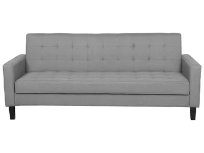 Produktbild von BELIANI 3-Sitzer Sofa Hellgrau Stoffbezug Gesteppt mit Schlaffunktion Dunkle Holzbeine Schmale Armlehnen Retro-Design Wohnzimmer Schlafsofa Sofabett